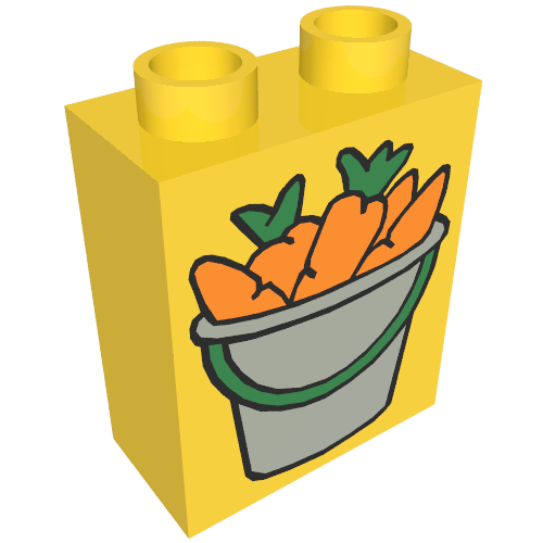 Rendu LDraw de Duplo Brique 1 x 2 x 2 avec Bucket of Carrots Print, couleur indicative