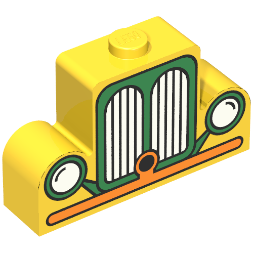 Rendu LDraw de 1 x 4 x 2 centre stud haut avec grille de voiture orange et vert motif imprimé (Brick Curved 1 x 4 x 2 Centre Stud Top with Orange and Green Car Grill Print), couleur indicative