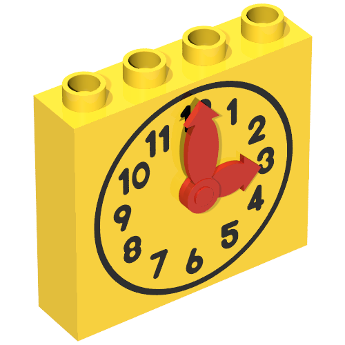 Rendu LDraw de Duplo Brique 1 x 4 x 3 avec Movable Red Hands and Yellow Clock Face Print, couleur indicative