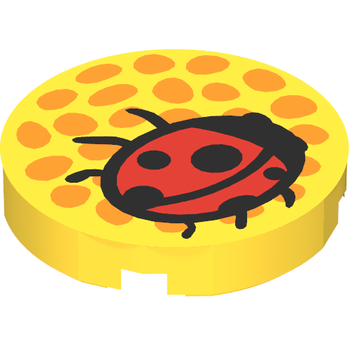 Rendu LDraw de Tuile ronde 2 x 2 avec des points orange (centre de la fleur) et motif imprimé rouge coccinelle (Tile Round 2 x 2 with Orange Dots (Flower Center) and Red Ladybug Print), couleur indicative