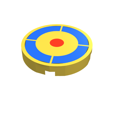 Rendu LDraw de Tuile ronde 2 x 2 avec motif imprimé cible de tir à l'arc (Tile Round 2 x 2 with Archery Target Print), couleur indicative