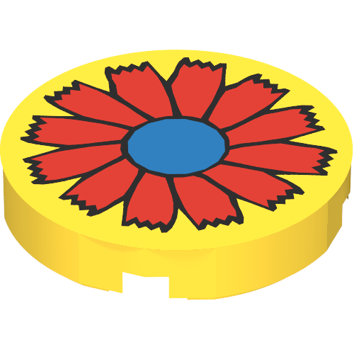 Rendu LDraw de Tuile ronde 2 x 2 avec Scala rouge fleur et bleu centre motif imprimé (Tile Round 2 x 2 with Scala Red Flower and Blue Center Print), couleur indicative