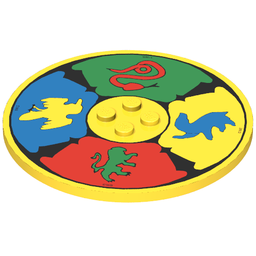 Rendu LDraw de Plaque spéciale ronde 8 x 8 avec 2 x 2 Center tenon avec Snake, Lion, Bird, and Badger (Sorting Hat) Print, couleur indicative