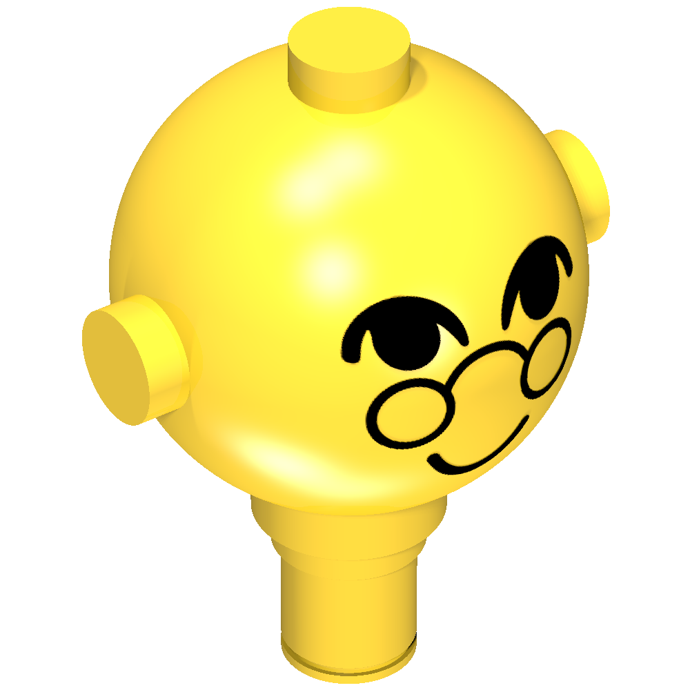 Rendu LDraw de Tête de figurine de femme au foyer avec des yeux, des lunettes et sourire motif imprimé (Homemaker Figure Head with Eyes, Glasses and Smile Print), couleur indicative