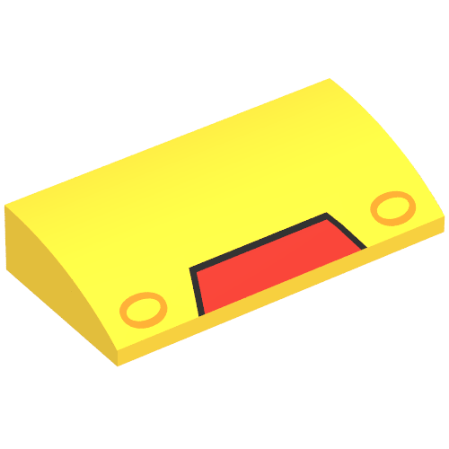 Rendu LDraw de Brique courbée 2 x 4 x 2/3 sans tenons avec masque Iron Man motif imprimé (Brick Curved 2 x 4 x 2/3 No Studs with Iron Man Mask Print), couleur indicative