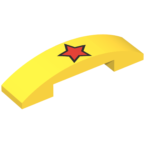 Rendu LDraw de Brique courbée 4 x 1 double, sans tenons avec Étoile rouge avec motif imprimé contour noir (Brick Curved 4 x 1 Double, No Studs with Red Star with Black Outline Print), couleur indicative