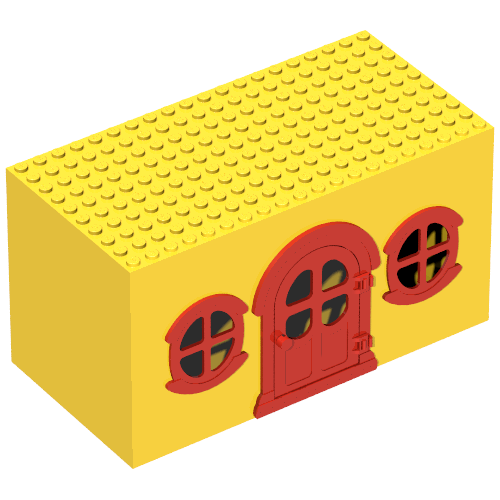 Rendu LDraw de Fabuland, Bâtiment, Maison avec porte rouge et fenêtres rouges (Fabuland, Building, House Block with Red Door and Red Windows), couleur indicative