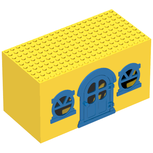 Rendu LDraw de Fabuland, Bâtiment, Maison avec porte bleue et fenêtres bleues (Fabuland, Building, House Block with Blue Door and Blue Windows), couleur indicative