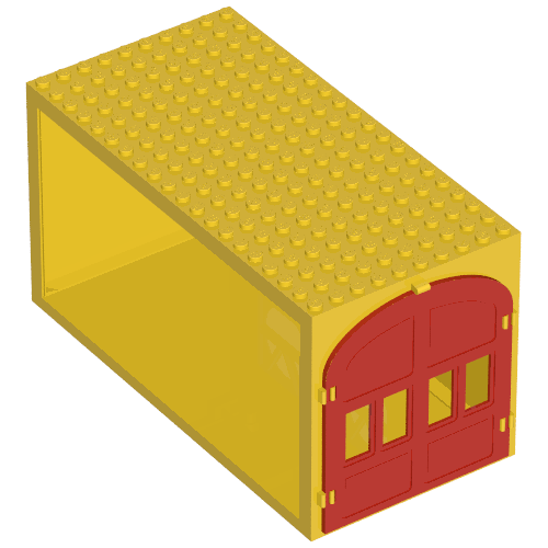 Rendu LDraw de Fabuland, Bâtiment, Bloc de garage avec fenêtres bleues et portes rouges (Fabuland, Building, Garage Block with Blue Windows and Red Doors), couleur indicative