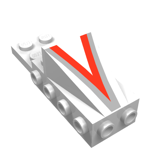Rendu LDraw de Brique spéciale, cockpit espace nez avec motif imprimé v argent et rouge (Brick Special, Cockpit Space Nose with Silver and Red V Print), couleur indicative
