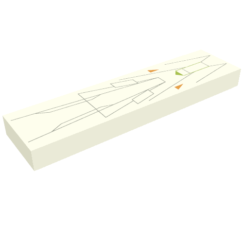 Rendu LDraw de Tuile 1 x 4 avec motif imprimé lignes grises, oranges et vertes (Tile 1 x 4 with Gray, Orange, and Green Lines Print), couleur indicative