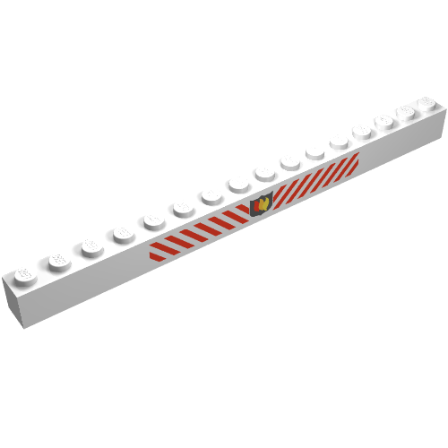 Rendu LDraw de Brique 1 x 16 avec insigne de logo de feu et motif imprimé de rayures diagonales rouges (Brick 1 x 16 with Fire Logo Badge and Red Diagonal Stripes Print), couleur indicative