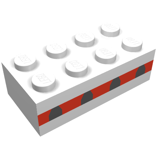 Rendu LDraw de Brique 2 x 4 avec 4 fenêtres planes en motif imprimé à rayures rouges minces (Brick 2 x 4 with 4 Plane Windows in Thin Red Stripe Print), couleur indicative