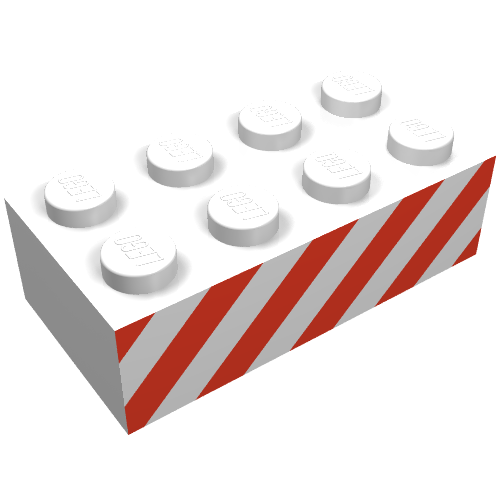 Rendu LDraw de Brique 2 x 4 avec motif imprimé rayures diagonales rouges (Brick 2 x 4 with Red Diagonal Stripes Print), couleur indicative
