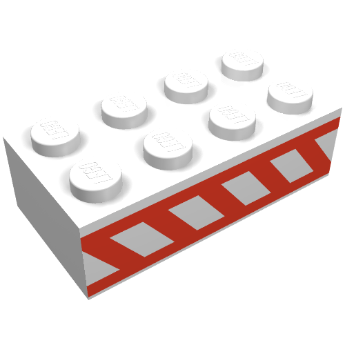 Rendu LDraw de Brique 2 x 4 avec des bandes rouges inclinées entre deux bandes rouges horizontales motif imprimé (Brick 2 x 4 with Angled Red Stripes Between Two Horizontal Red Stripes Print), couleur indicative