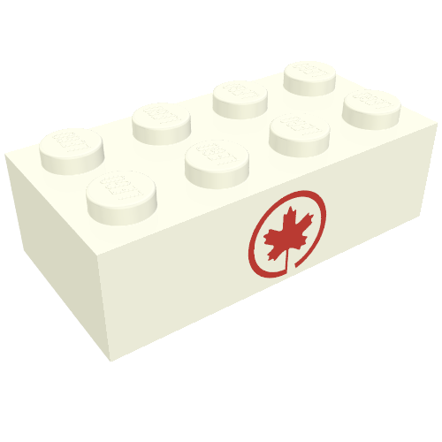 Rendu LDraw de Brique 2 x 4 avec motif imprimé feuille d'érable air canada (Brick 2 x 4 with Air Canada Maple Leaf Logo Print), couleur indicative