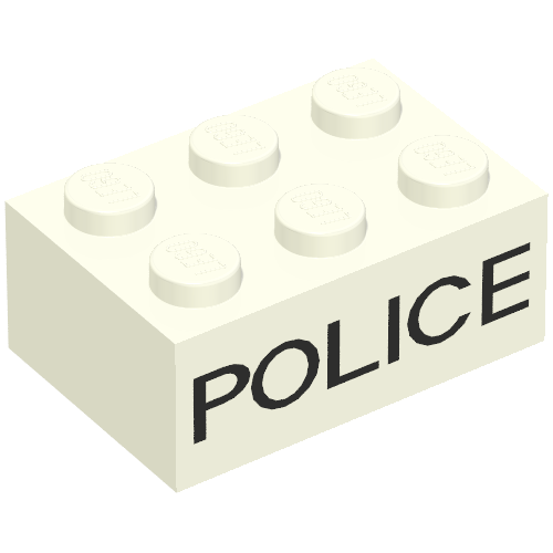 Rendu LDraw de Brique 2 x 3 avec motif imprimé noir 'POLICE' sans empattement (Brick 2 x 3 with Black 'POLICE' Sans-Serif Print), couleur indicative