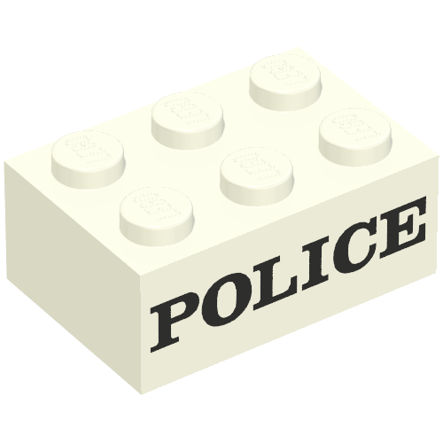 Rendu LDraw de Brique 2 x 3 avec motif imprimé noir serif 'POLICE' (embossé) (Brick 2 x 3 with Black 'POLICE' Serif Bold Print (Embossed)), couleur indicative