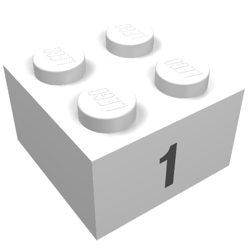 Rendu LDraw de Brique 2 x 2 avec motif imprimé noir "1" (Brick 2 x 2 with Black "1" Print), couleur indicative