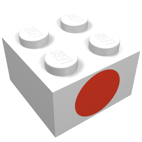 Rendu LDraw de Brique 2 x 2 avec rouge Dot sur un côté motif imprimé (Brick 2 x 2 with Red Dot on One Side Print), couleur indicative