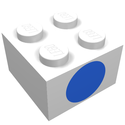 Rendu LDraw de Brique 2 x 2 avec point bleu sur un côté motif imprimé (Brick 2 x 2 with Blue Dot on One Side Print), couleur indicative
