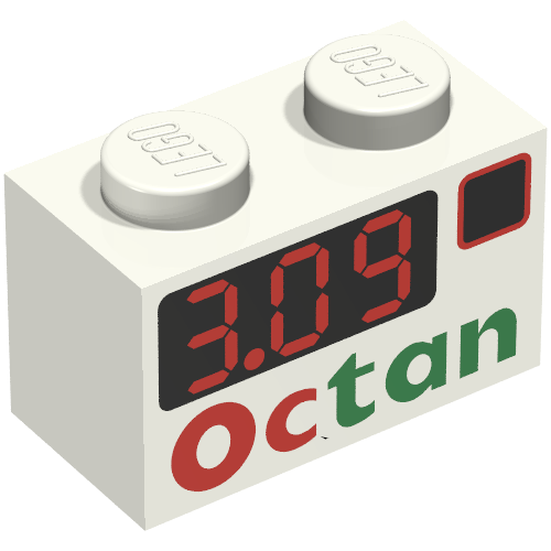 Rendu LDraw de Brique 1 x 2 avec motif imprimé 'Octan 3.09' (Brick 1 x 2 with 'Octan 3.09' Print), couleur indicative