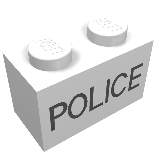 Rendu LDraw de Brique 1 x 2 avec motif imprimé noir 'POLICE' (Brick 1 x 2 with Thin Black 'POLICE' Print), couleur indicative