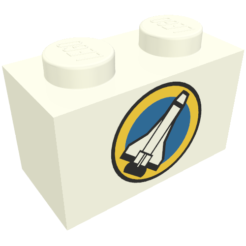 Rendu LDraw de Brique 1 x 2 avec navette et motif imprimé cercle jaune (Brick 1 x 2 with Shuttle and Yellow Circle Print), couleur indicative