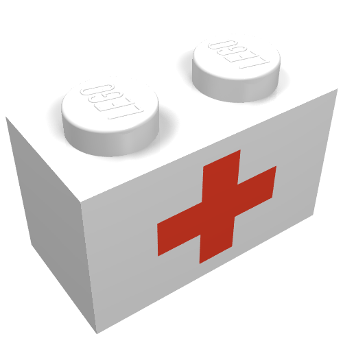 Rendu LDraw de Brique 1 x 2 avec motif imprimé Croix-Rouge (Brick 1 x 2 with Red Cross Print), couleur indicative