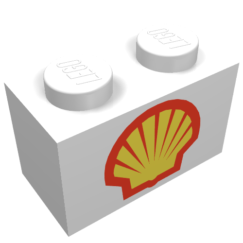 Rendu LDraw de Brique 1 x 2 avec motif imprimé logo Shell Type I (Brick 1 x 2 with Shell Logo Type I Print), couleur indicative