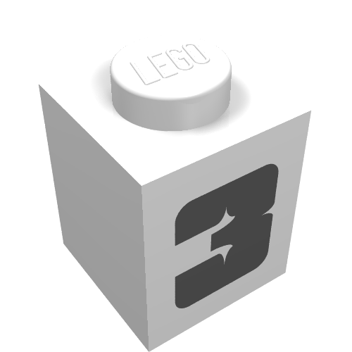 Rendu LDraw de Brique 1 x 1 avec motif imprimé noir épais '3' (Brick 1 x 1 with Thick Bold Black '3' Print), couleur indicative