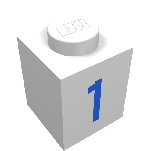 Rendu LDraw de Brique 1 x 1 avec motif imprimé bleu '1' (Brick 1 x 1 with Blue '1' Print), couleur indicative