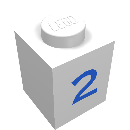 Rendu LDraw de Brique 1 x 1 avec motif imprimé bleu '2' (Brick 1 x 1 with Blue '2' Print), couleur indicative