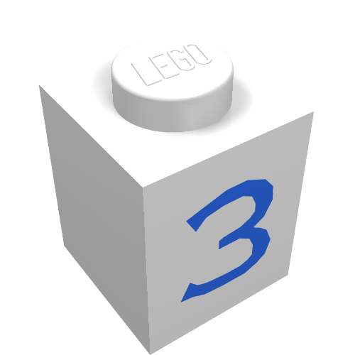 Rendu LDraw de Brique 1 x 1 avec motif imprimé bleu '3' (Brick 1 x 1 with Blue '3' Print), couleur indicative
