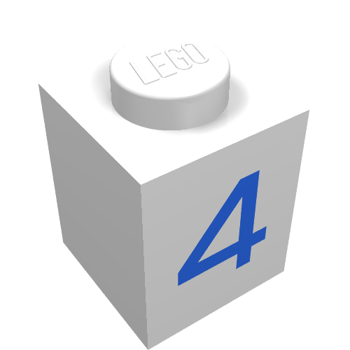 Rendu LDraw de Brique 1 x 1 avec motif imprimé bleu '4' (Brick 1 x 1 with Blue '4' Print), couleur indicative