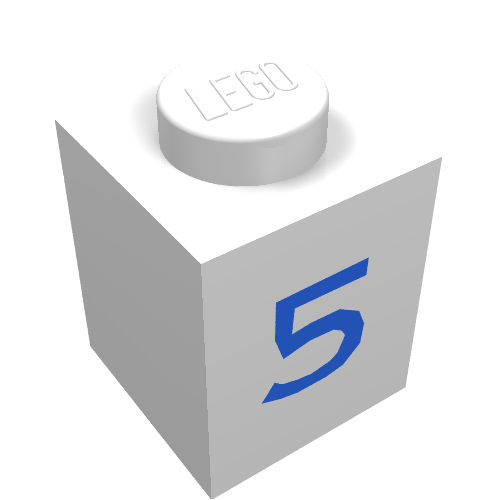 Rendu LDraw de Brique 1 x 1 avec motif imprimé bleu '5' (Brick 1 x 1 with Blue '5' Print), couleur indicative