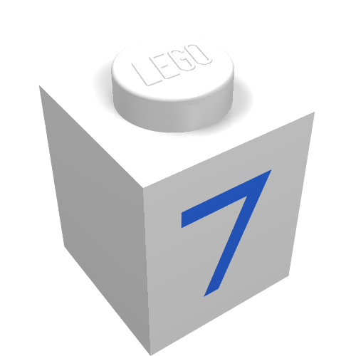 Rendu LDraw de Brique 1 x 1 avec motif imprimé bleu '7' (Brick 1 x 1 with Blue '7' Print), couleur indicative