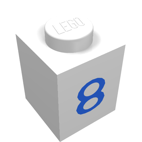 Rendu LDraw de Brique 1 x 1 avec motif imprimé bleu '8' (Brick 1 x 1 with Blue '8' Print), couleur indicative