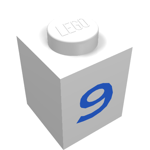 Rendu LDraw de Brique 1 x 1 avec motif imprimé bleu '9' (Brick 1 x 1 with Blue '9' Print), couleur indicative