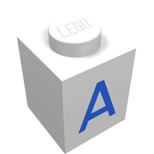 Rendu LDraw de Brique 1 x 1 avec motif imprimé bleu 'A' (Brick 1 x 1 with Blue 'A' Print), couleur indicative