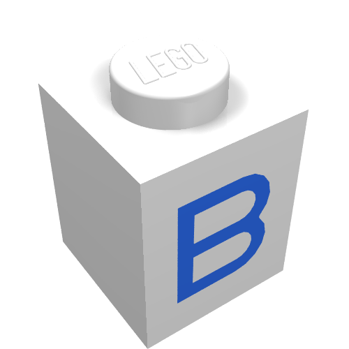 Rendu LDraw de Brique 1 x 1 avec motif imprimé bleu B (Brick 1 x 1 with Blue B Print), couleur indicative