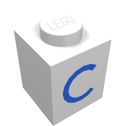 Rendu LDraw de Brique 1 x 1 avec motif imprimé bleu C (Brick 1 x 1 with Blue C Print), couleur indicative