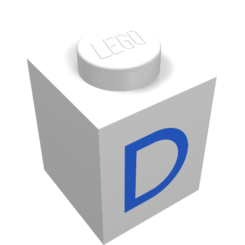 Rendu LDraw de Brique 1 x 1 avec motif imprimé bleu D (Brick 1 x 1 with Blue D Print), couleur indicative