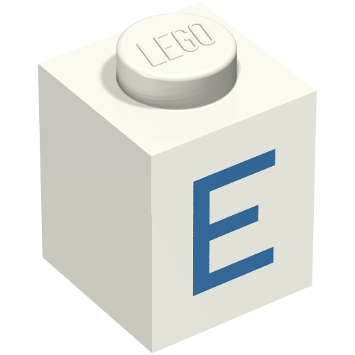 Rendu LDraw de Brique 1 x 1 avec motif imprimé bleu 'E' (police noire) (Brick 1 x 1 with Blue 'E' Print (Bold Font)), couleur indicative