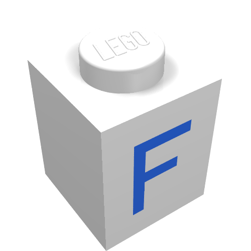 Rendu LDraw de Brique 1 x 1 avec motif imprimé bleu f (Brick 1 x 1 with Blue F Print), couleur indicative