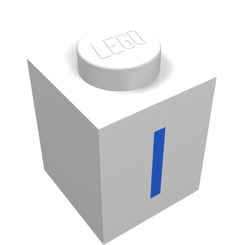Rendu LDraw de Brique 1 x 1 avec motif imprimé bleu I (Brick 1 x 1 with Blue I Print), couleur indicative