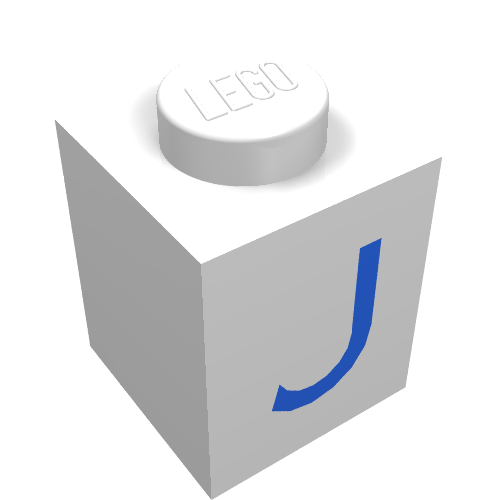 Rendu LDraw de Brique 1 x 1 avec motif imprimé bleu j (Brick 1 x 1 with Blue J Print), couleur indicative