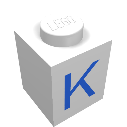 Rendu LDraw de Brique 1 x 1 avec motif imprimé bleu K (Brick 1 x 1 with Blue K Print), couleur indicative