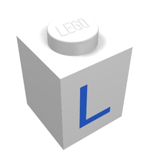 Rendu LDraw de Brique 1 x 1 avec motif imprimé bleu L (Brick 1 x 1 with Blue L Print), couleur indicative