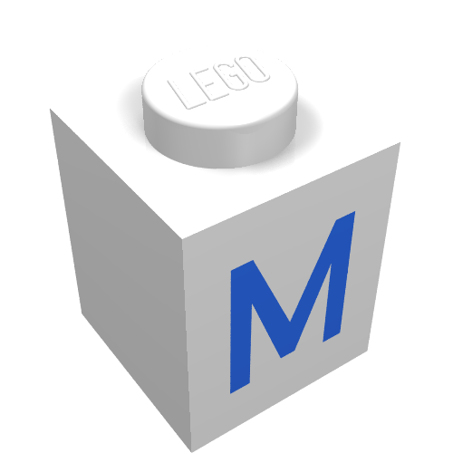Rendu LDraw de Brique 1 x 1 avec motif imprimé bleu M (Brick 1 x 1 with Blue M Print), couleur indicative